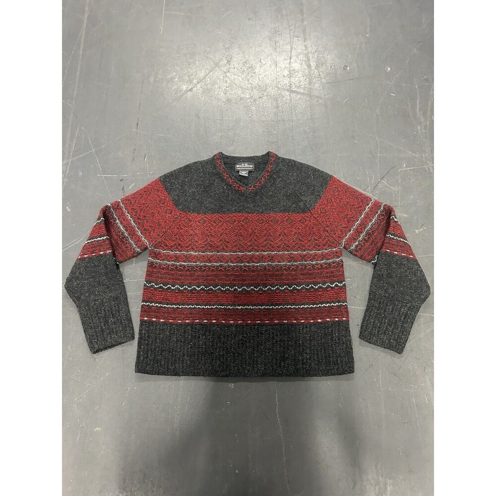 Woolrich Womens Charcoal Heather Red Fair Isle Wool Sweater Size Med Long Sleeve